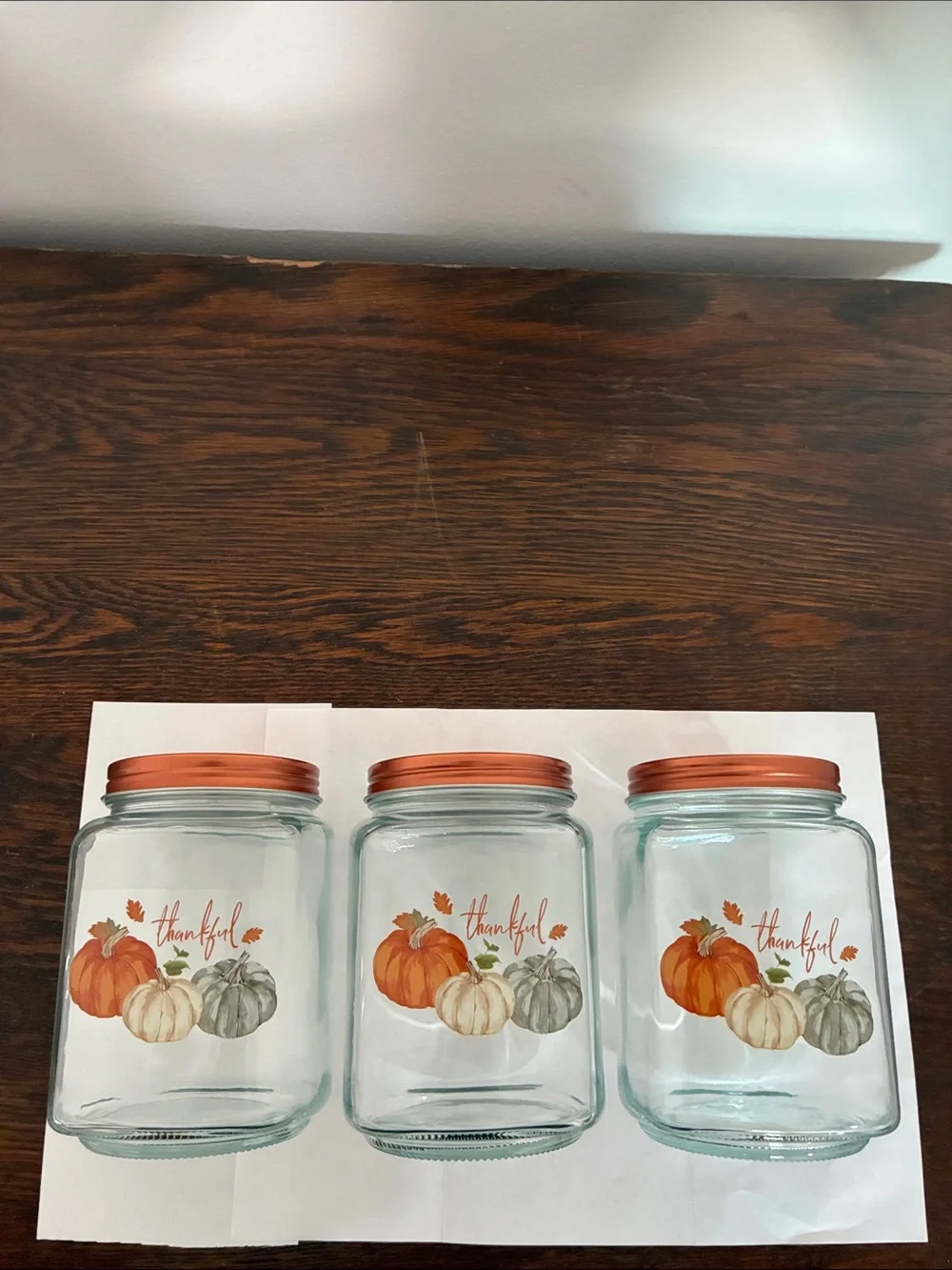 NWT- Set of 3- THANKFUL- Pumpkin Trio Harvest Glass Jars w/ Screw On Copper Lid